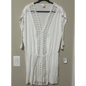 Venus Women White Knit Crochet Swim Cover Up V Neck Ties Size L